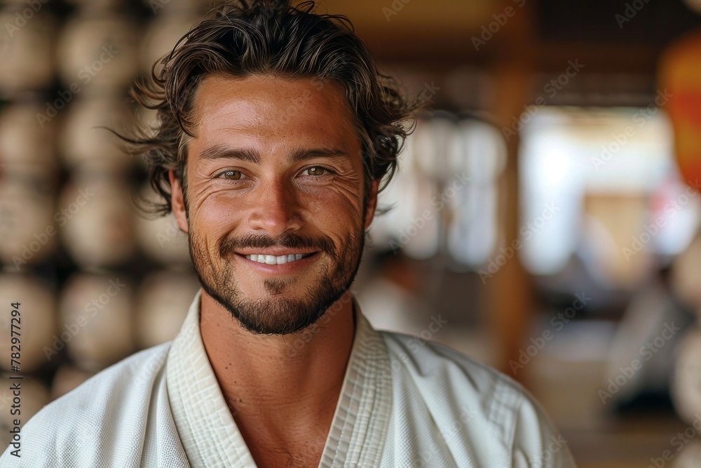 Happy bearded man in a kimono with a friendly and welcoming expression inside a dojo Happy bearded man in a kimono with a friendly and welcoming expression inside a dojo