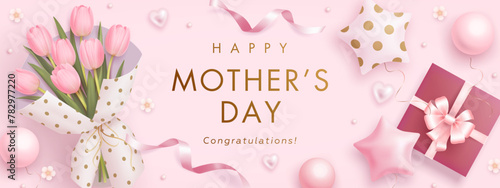 Mothers day horizontal billboard or web banner with realistic 3d pink tulips, gift box and golden text on pink background. Floral festive elegant wallpaper. Vector illustration