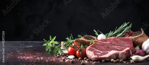 Raw meat with seasonings an...