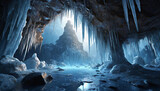 Fantasy cave with ice stalactites and stalagmites. Icelandic glacier.