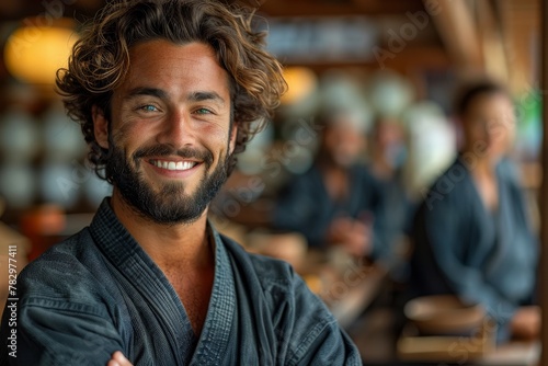 A handsome man with curly hair wearing a casual kimono smiles confidently in a blurred cafe setting