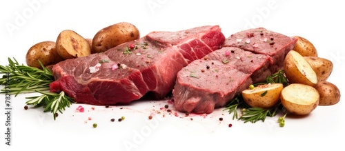 Raw meat and spuds on white surface