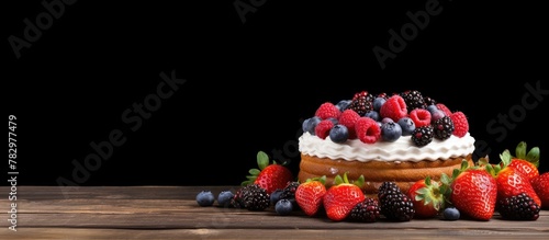Cake with Fresh Berries on Wood Table