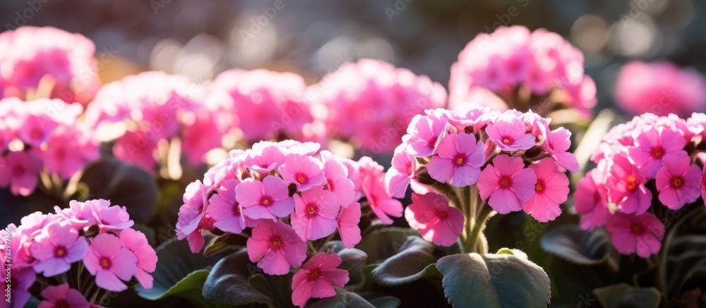 Pink flowers with green leaves Pink flowers with green leaves