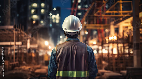 A builder in a hard hat and vest at a construction site in the night city.
