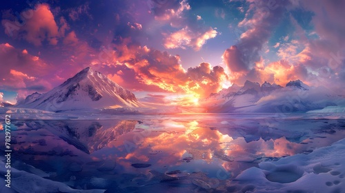 The blue dream star, with thick clouds in the sky, is colorful. The sky is bright at sunset. Snow mountains in the distance, quiet lakes and ice lakes © horizor