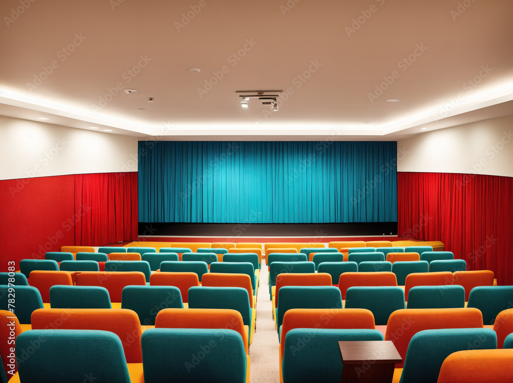 Fototapeta premium An empty movie theater with red and blue seats and a blue curtain on the stage.