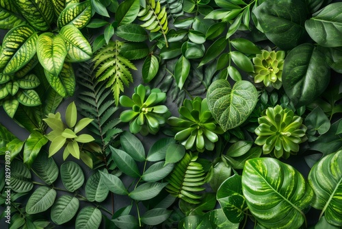 Various types of tropical plant leaves forming an abstract green pattern on a dark backdrop
