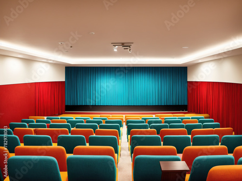 An empty movie theater with red and blue seats and a blue curtain on the stage.