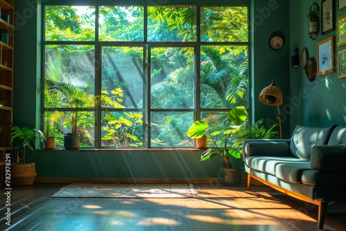 Welcoming interior featuring a comfortable green sofa with a large window showing a lush green forest outside