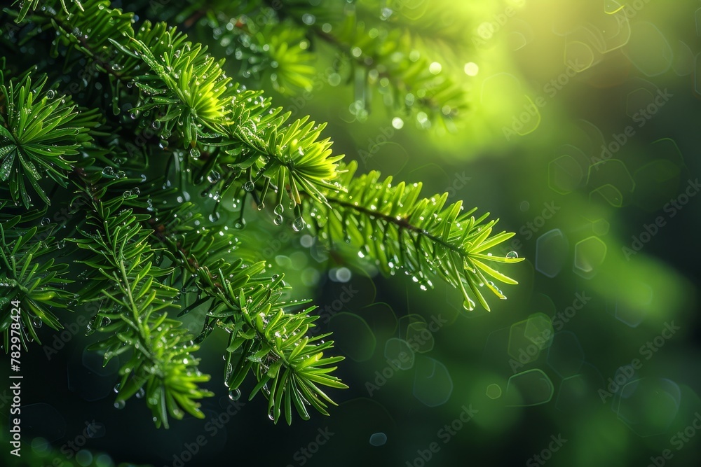 Close-up of water droplets on a vivid green fir branch with defocused sparkling light background, capturing freshness and purity of nature