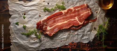 Bacon and herbs on paper