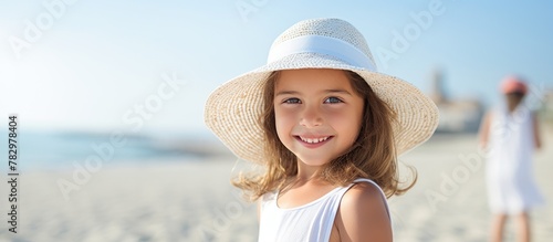 Little girl in hat at the b...