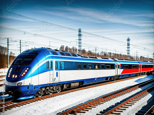 A train traveling down the tracks in the snow.