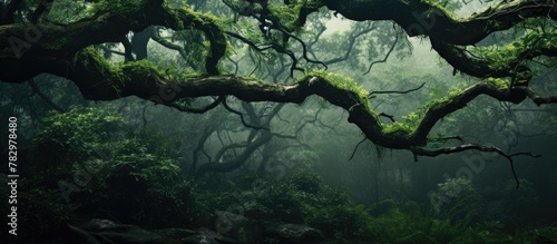 Tree with moss in dense forest