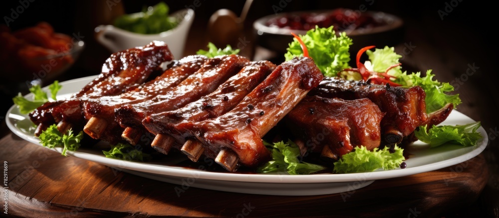 grilled ribs with lettuce and sauce