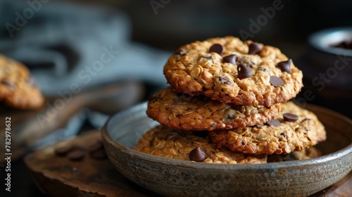Golden oatmeal cookies with melting chocolate chips, captured in warm, comforting light