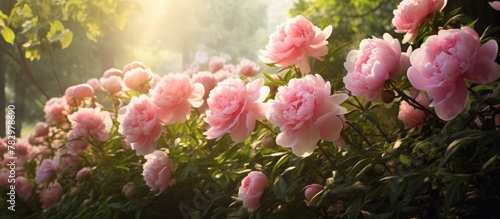pink flowers in sunlight under garden foliage