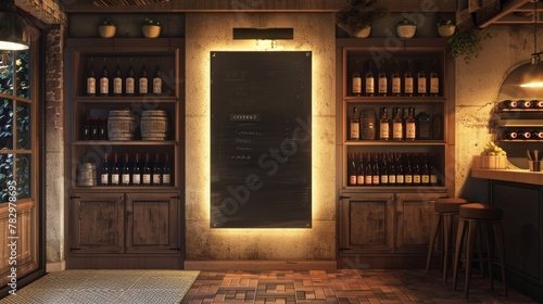 Entrance of a cozy liquor store with a blank blackboard sign, inviting personalized messages