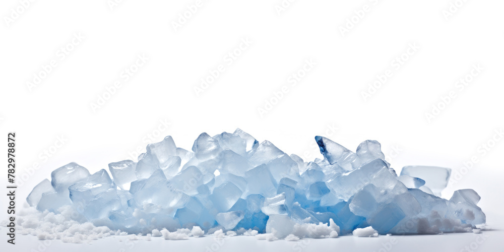 Light blue crushed ice cubes on a white background.