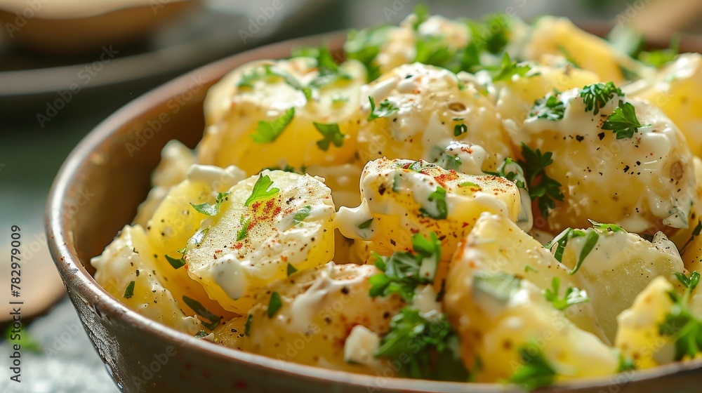 Close-up on a homestyle potato salad, exuding comfort with each spoonful Close-up on a homestyle potato salad, exuding comfort with each spoonful