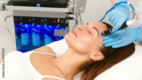 Fotografie A cosmetologist performs vacuum cleaning and polishing of the facial skin of a middle-aged woman in a cosmetology clinic