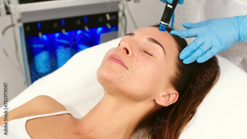 A middle-aged woman receives facial treatment in a professional beauty salon. A close-up cosmetologist manipulates a hydropeeling device to clean and rejuvenate facial skin.