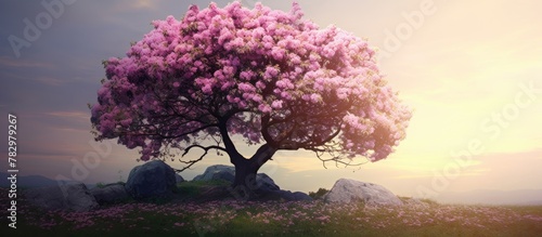 Purple flowers on tree in f...