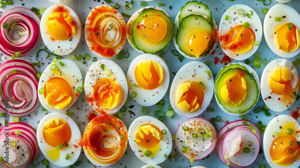 A vibrant display of boiled eggs, each piece a stroke in this inspired food art masterpiece