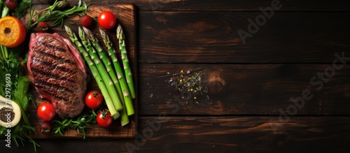 Raw steak, green asparagus,...