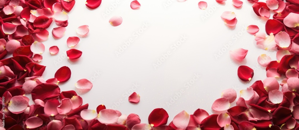 Heart of rose petals on white surface