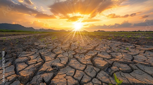 Global warming effect on agriculture parched earth with cracked soil, withered crops under scorching sun, farmers in despair, highlighting urgency.