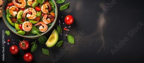 Fresh shrimp salad with tomatoes, avocado, and spinach