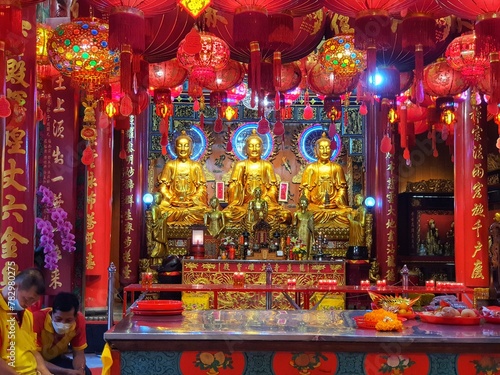Bangkok, Thailand on July 22 2023. Statues of Buddha and Gods inside Wat Mangkon Kamalawat for Buddhist worship