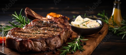 Steak and Potatoes on Woode...
