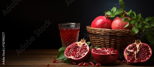 Pomegranates in basket, gla...