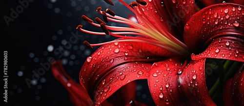 Red flower with dew drops c...