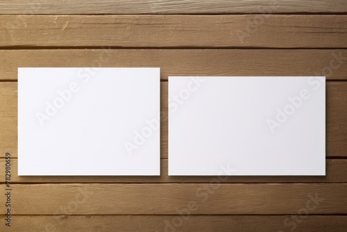 Two blank white paper sheets laid flat on a rustic wooden table surface, with space for text or design. Blank White Paper Sheets on Wooden Table