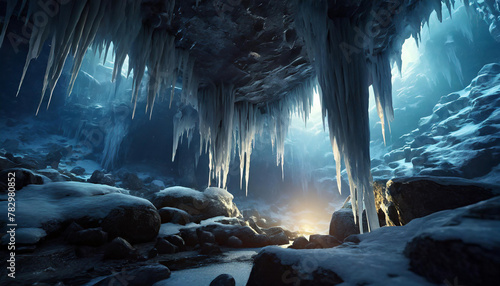 Fantasy cave with ice stalactites and stalagmites. Icelandic glacier.