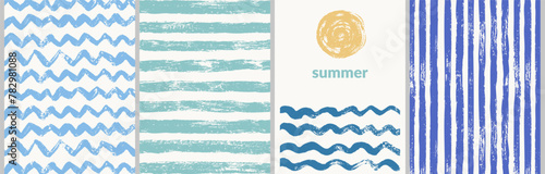 Vector summer posters with grunge textures. Summer striped and wavy patterns, sun, beach.