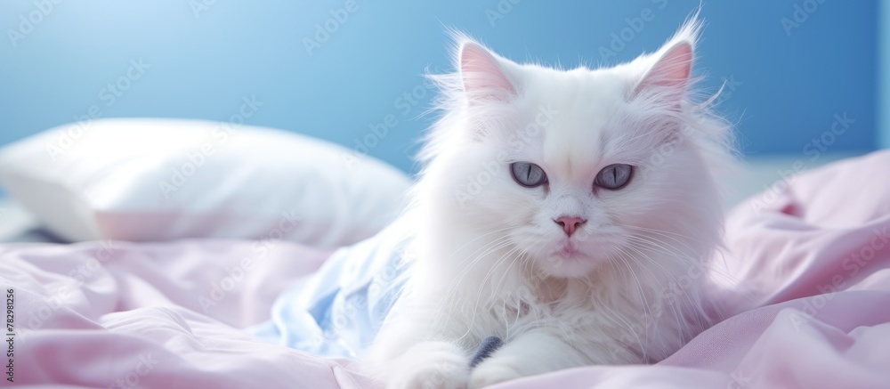 White cat rests on bed with pink blanket