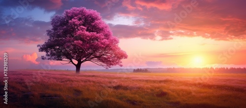 Sunset over countryside tre...