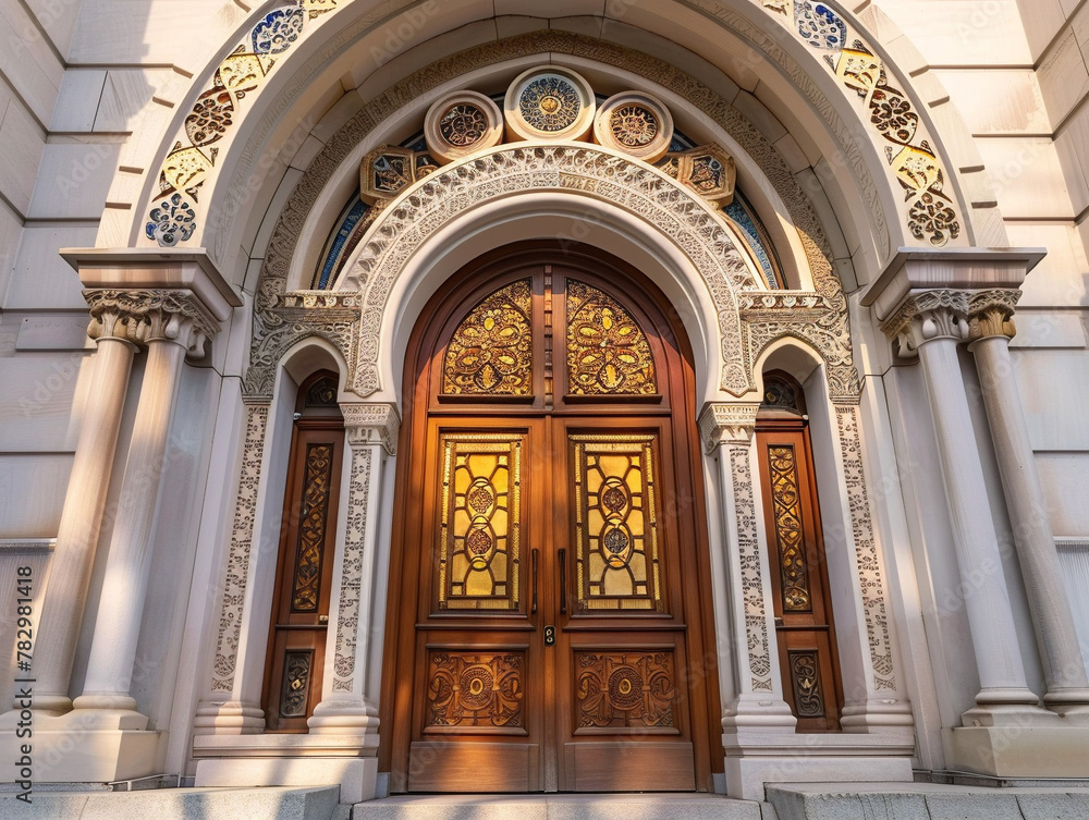 Beautiful Jewish synagogue with intricate, ornate details on the exterior walls and windows.