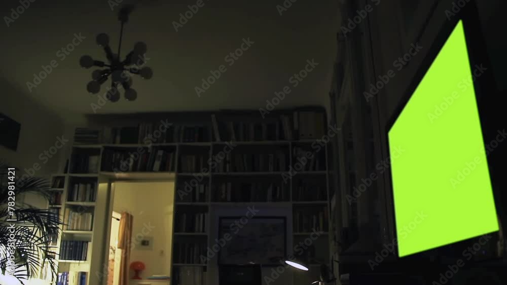 Television Green Screen in Dark Living Room. Zoom In. You can replace ...
