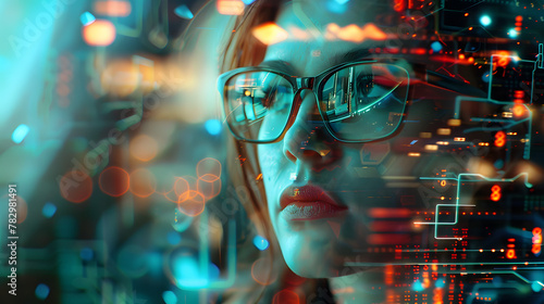 A woman is looking at a computer screen with a lot of numbers and letters on it. Concept of technology and the importance of being able to read.