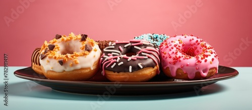 Four decorated donuts on plate