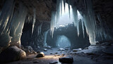 Fantasy cave with ice stalactites and stalagmites. Icelandic glacier.