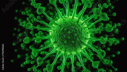 A vivid 3D illustration of green virus particles, symbolizing disease and microbiological threats.