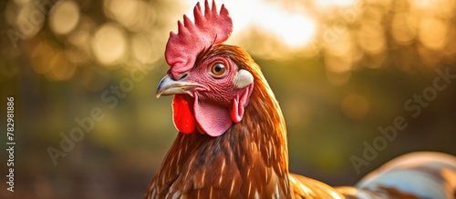 Chicken with a crimson crest and scarlet beak photo