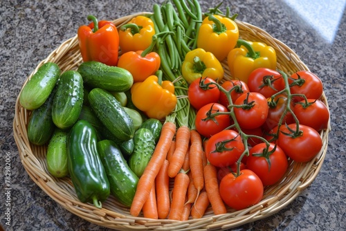 a basket filled with tomatoes , carrots , peppers , cucumbers and green beans